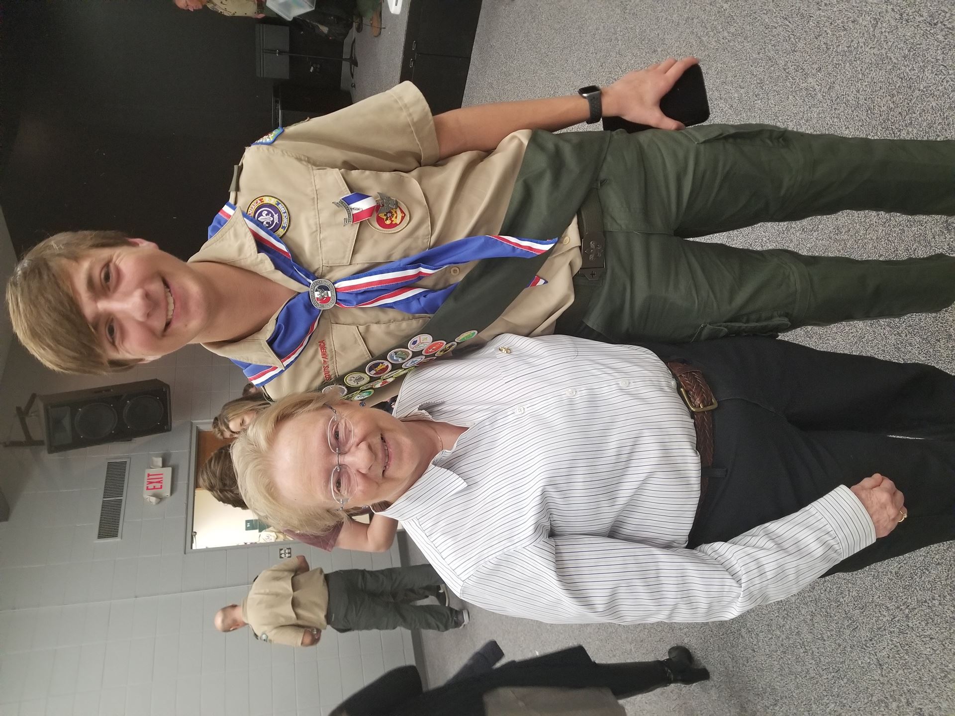 Dr. Jean Spooner, Chair of the Umstead Coalition (L) and Bo Groff (R). Bo presented Dr. Spooner with the Eagle Scout Mentor Pin on February 6, 2023 for her help with his final project working on the Umstead State Park rain garden. 